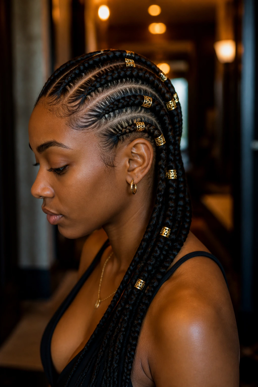 Real person with cornrows adorned with gold cuffs