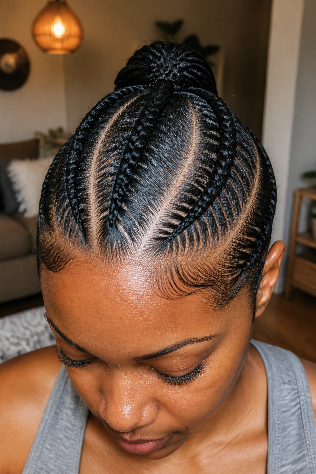 Close-up of four cornrows converging at the crown forming a ponytail base on a real person