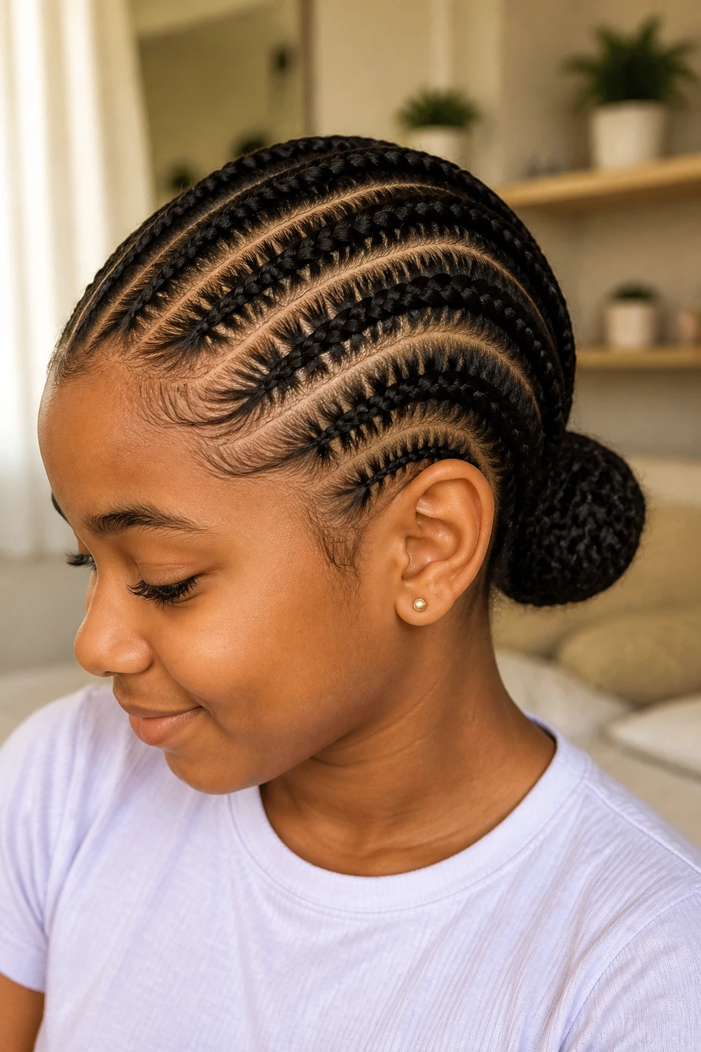 Medium close-up of a child with cornrows leading into a low bun