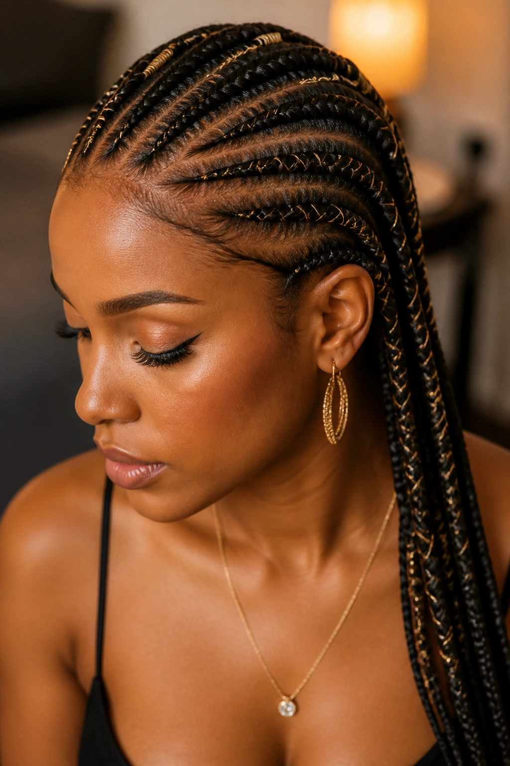 Close-up portrait of a real woman with cornrows woven with metallic thread