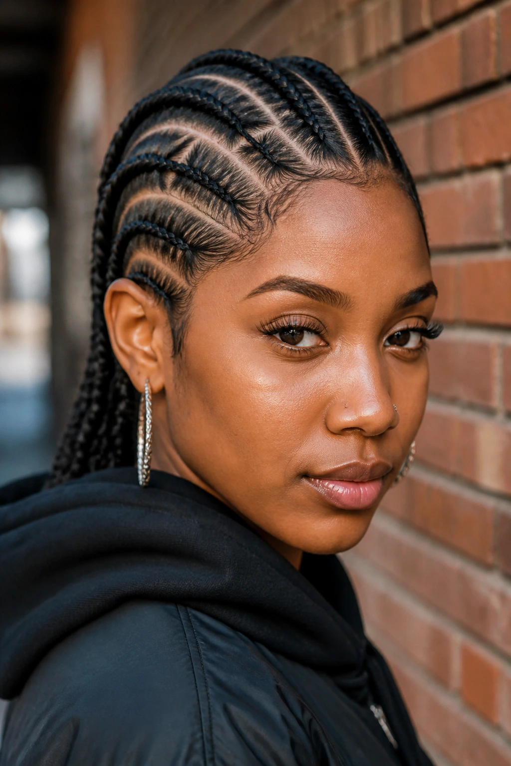 Portrait of a woman with modern geometric cornrows in an urban setting