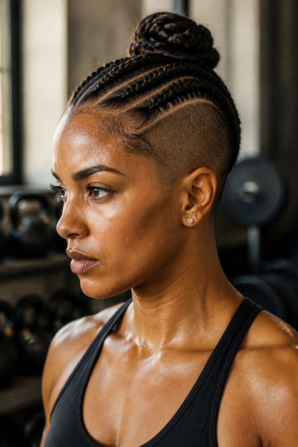 Close-up of a real athlete with a mohawk-inspired goddess cornrow in a gym