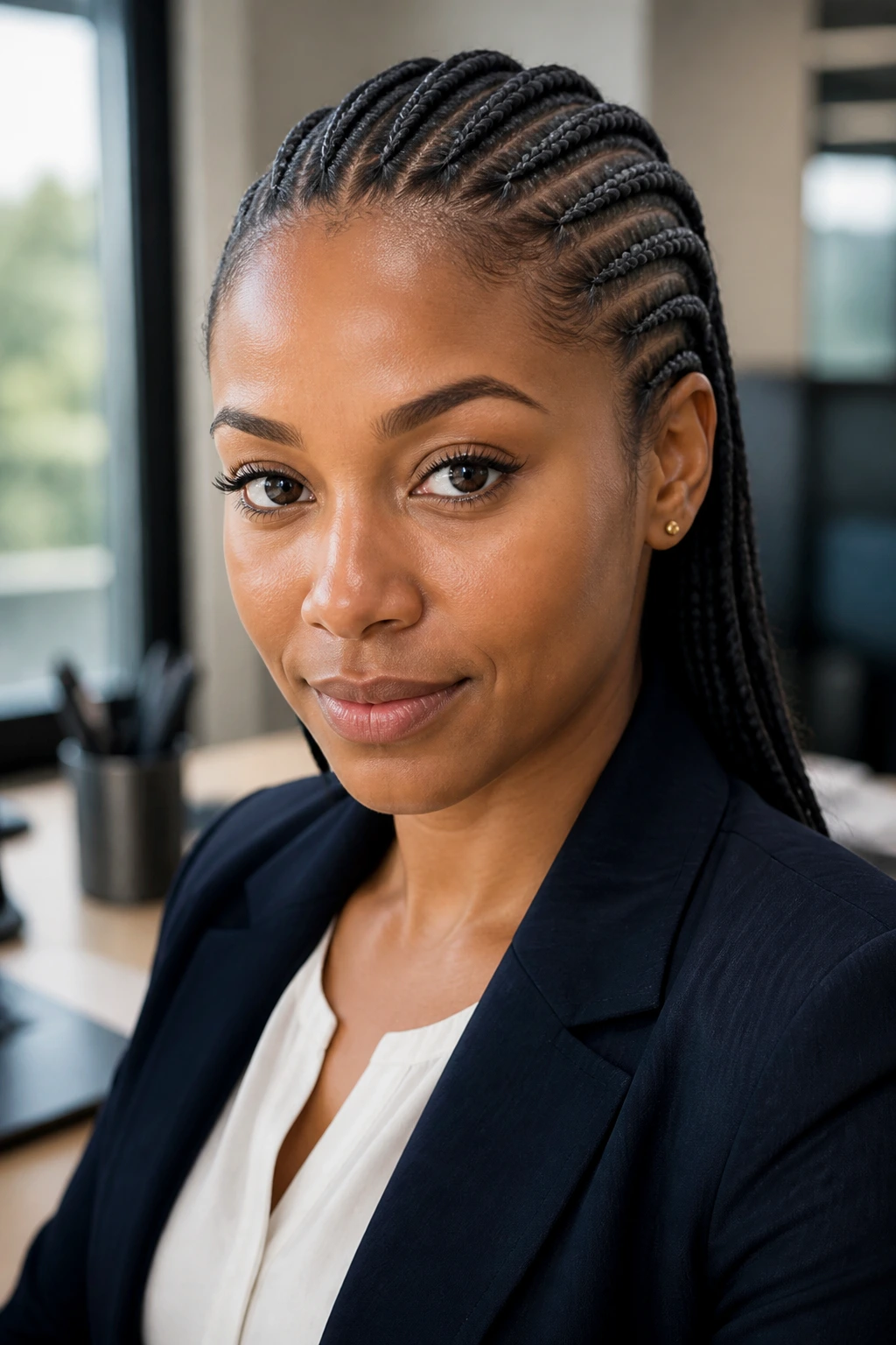Close-up of a real woman with neat cornrows in office-ready straight-back style