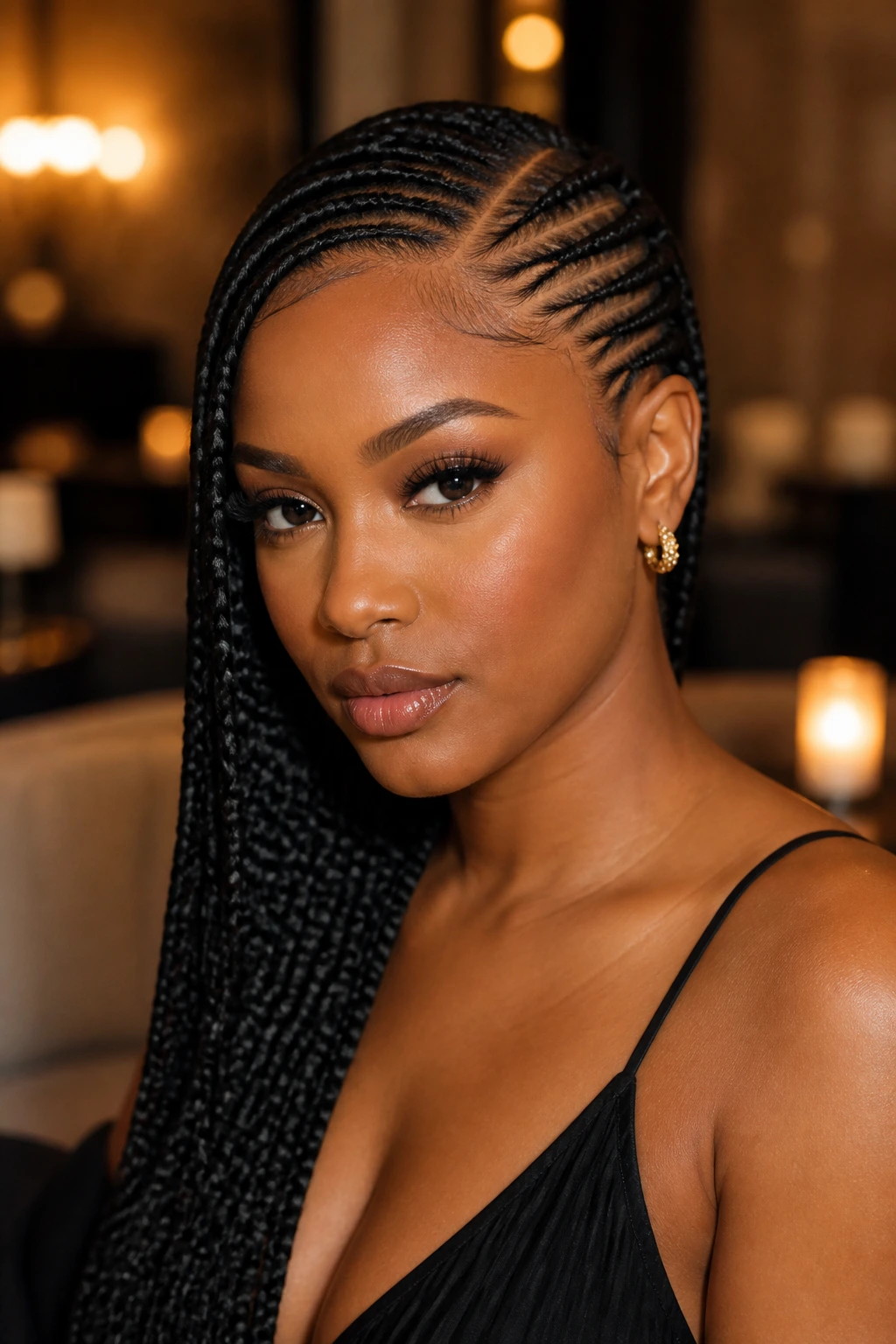 Close-up of a real woman with sleek side-swept cornrows draping over one shoulder in warm indoor lighting