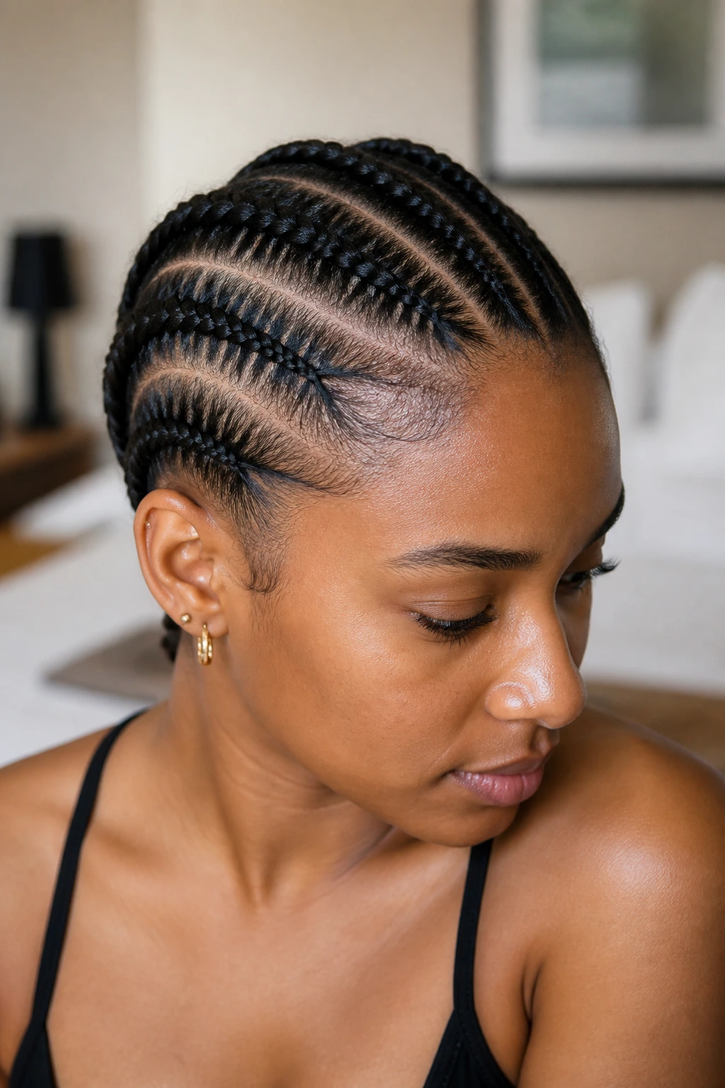 Close-up of four straight-back cornrows running from hairline to nape on a real person