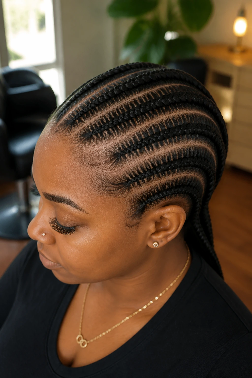 Close-up portrait of a real woman with classic straight-back cornrows.