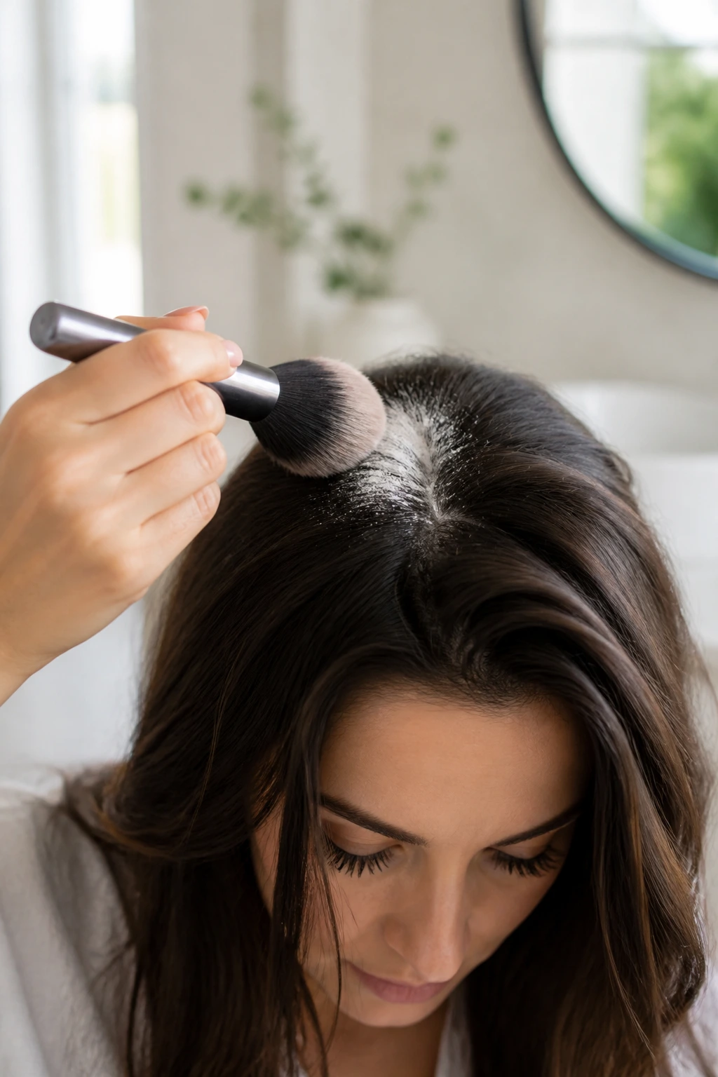Close-up of cornstarch dusting at hair roots to boost volume in thinning hair