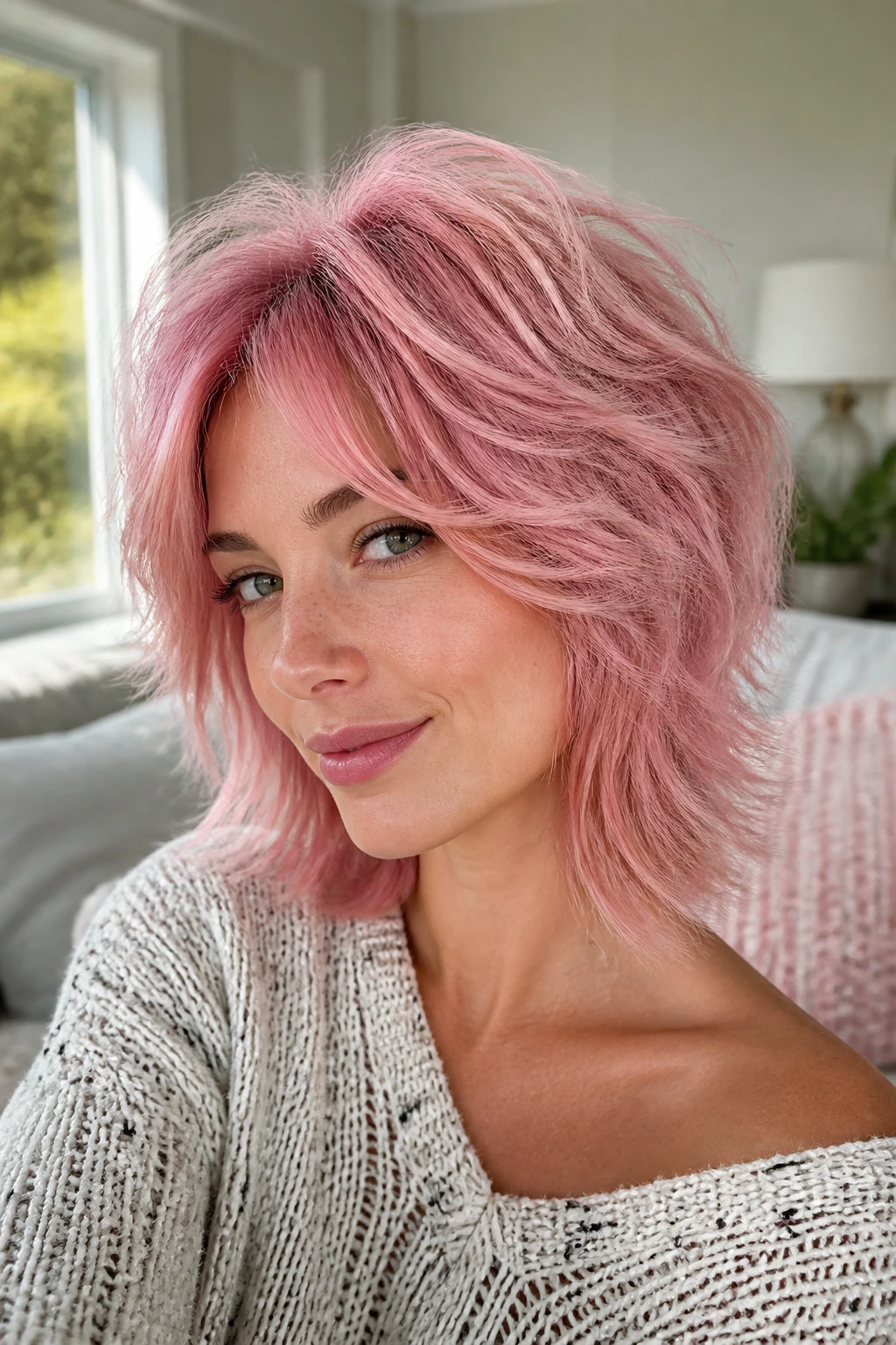 Close-up of a real person with cotton candy pink graduated shag under daylight