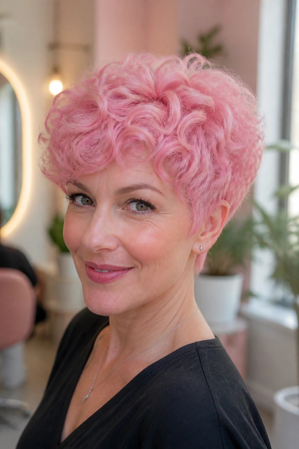 Close-up of a real person with cotton candy pink curly pixie hairstyle
