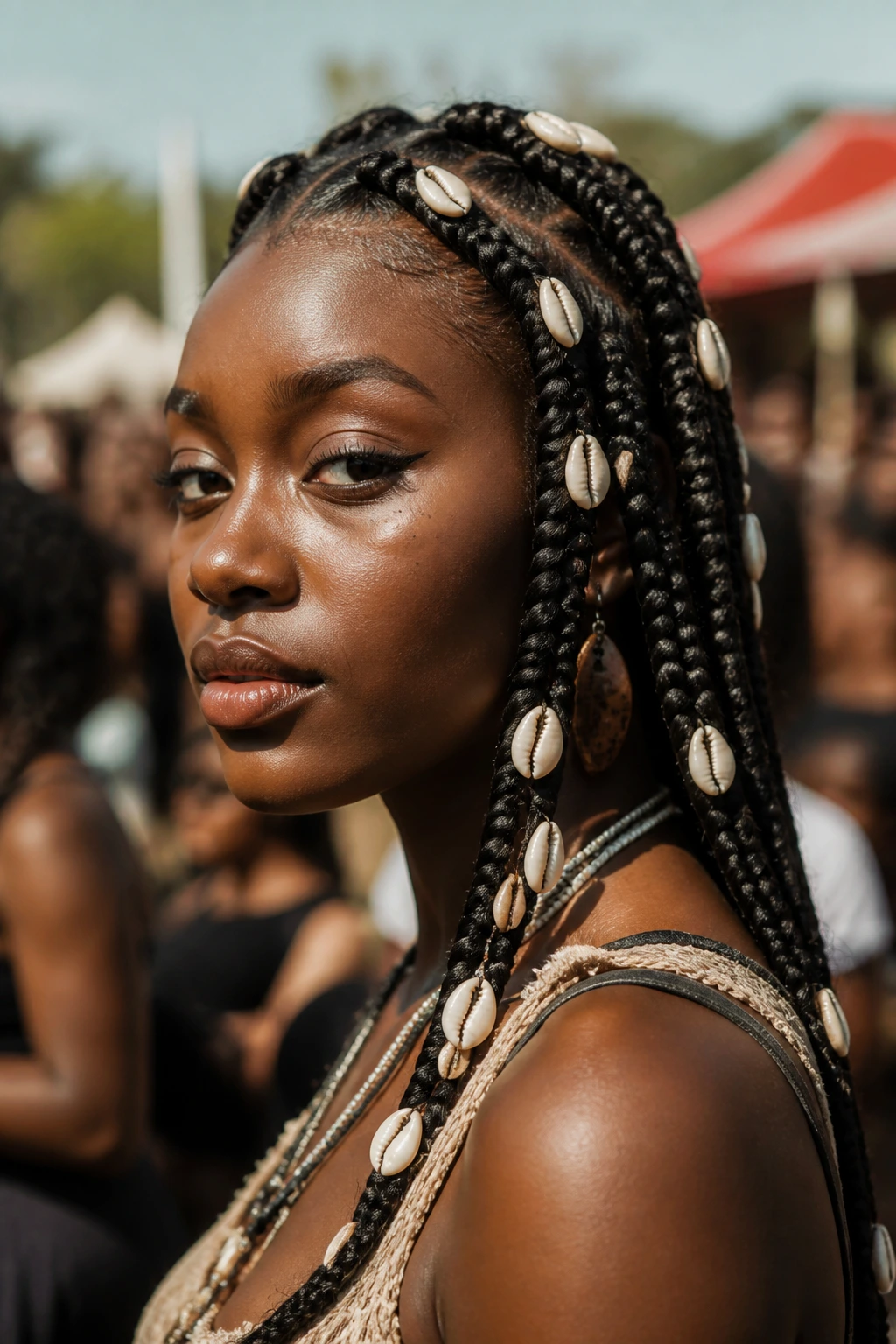 Close-up of cowrie shells wrapped on braids with twine on a real person