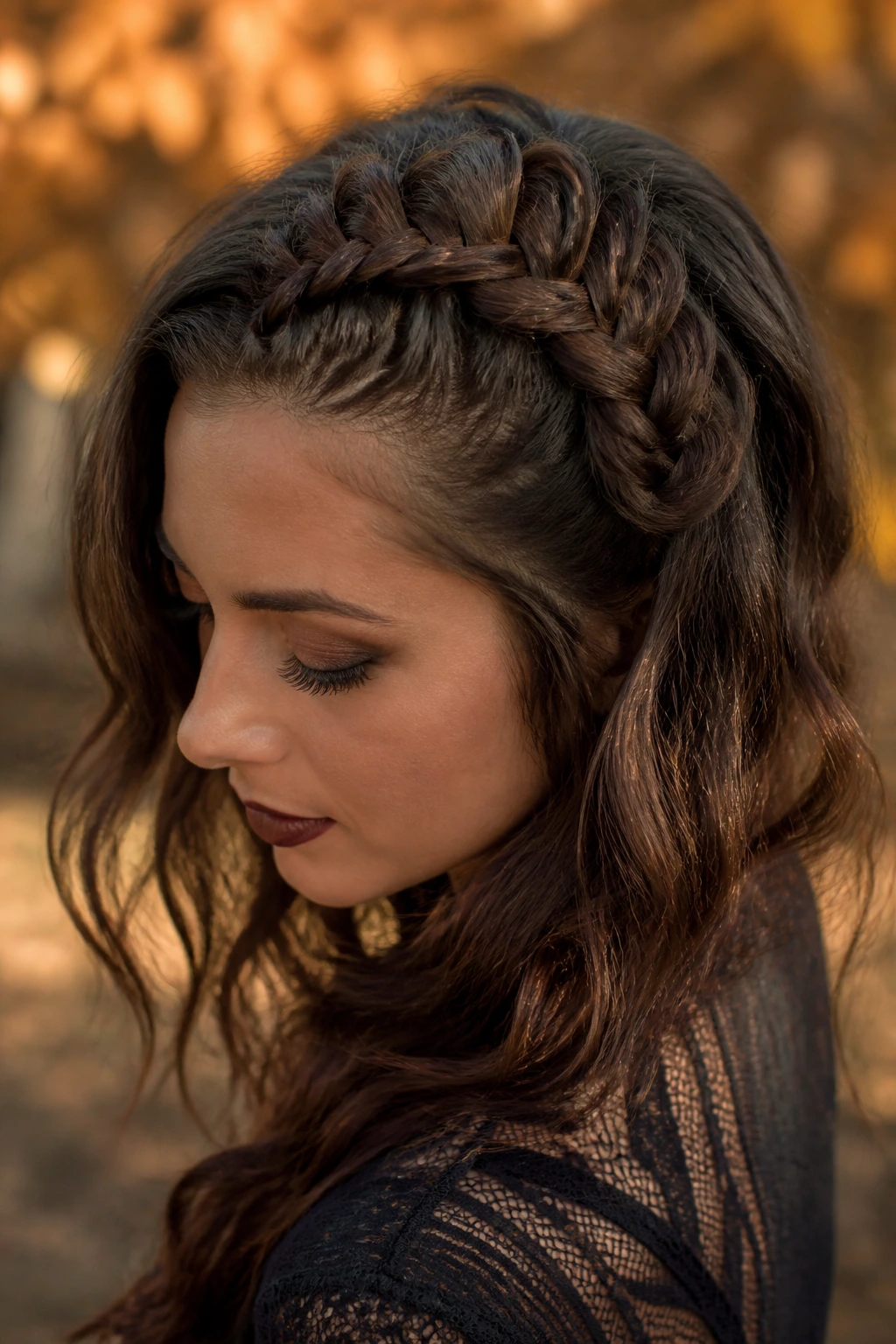 Real person wearing a crown-to-crescent braid around the head