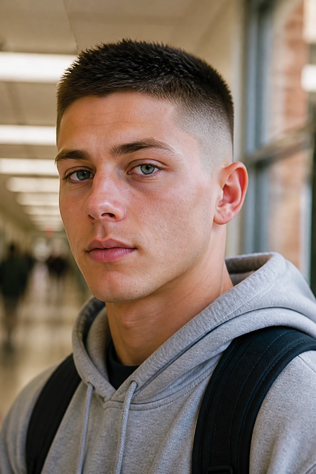 Close-up of crew cut with slightly longer top on real person