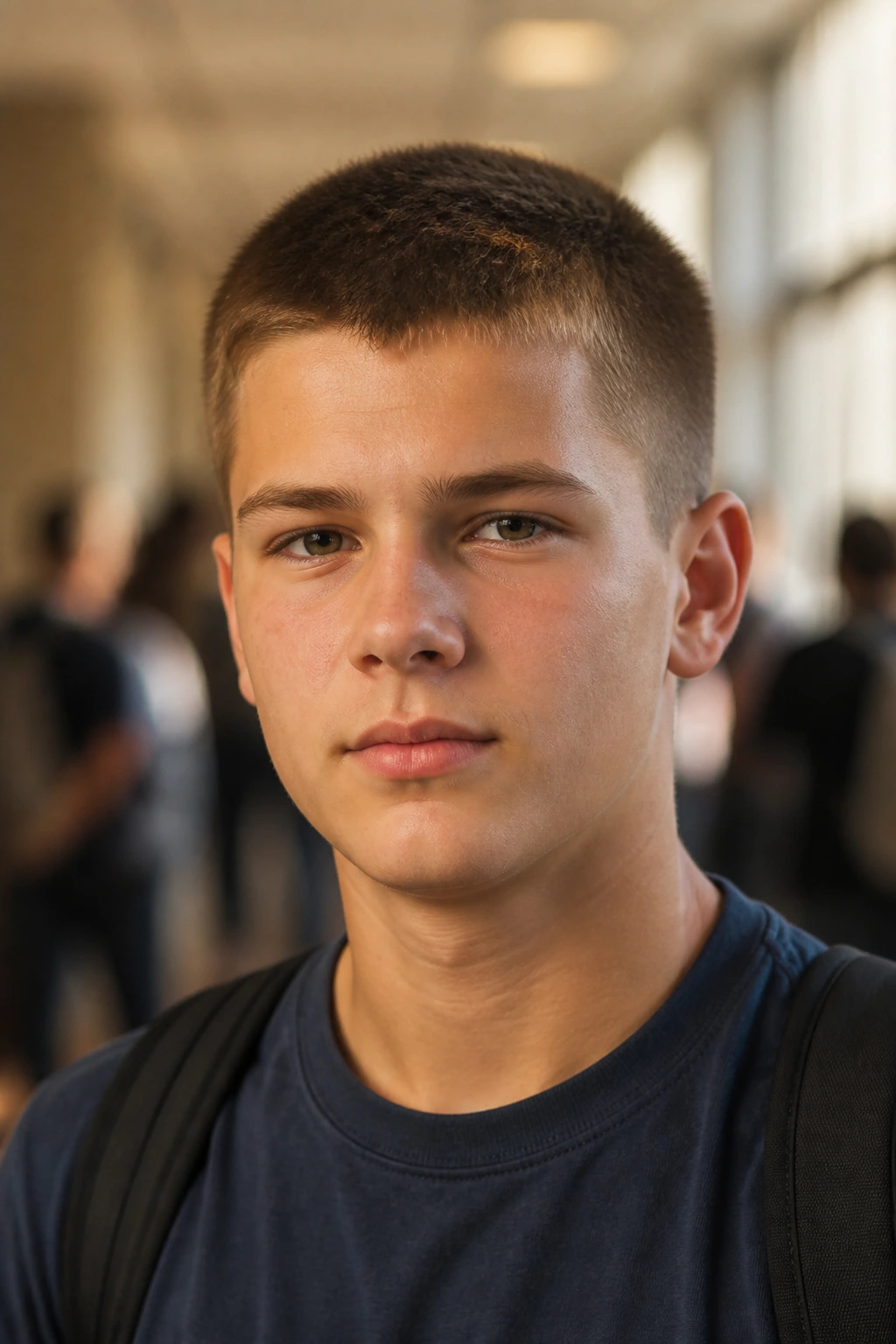 Close-up portrait of a real teenage boy with a classic crew cut in a school hallway