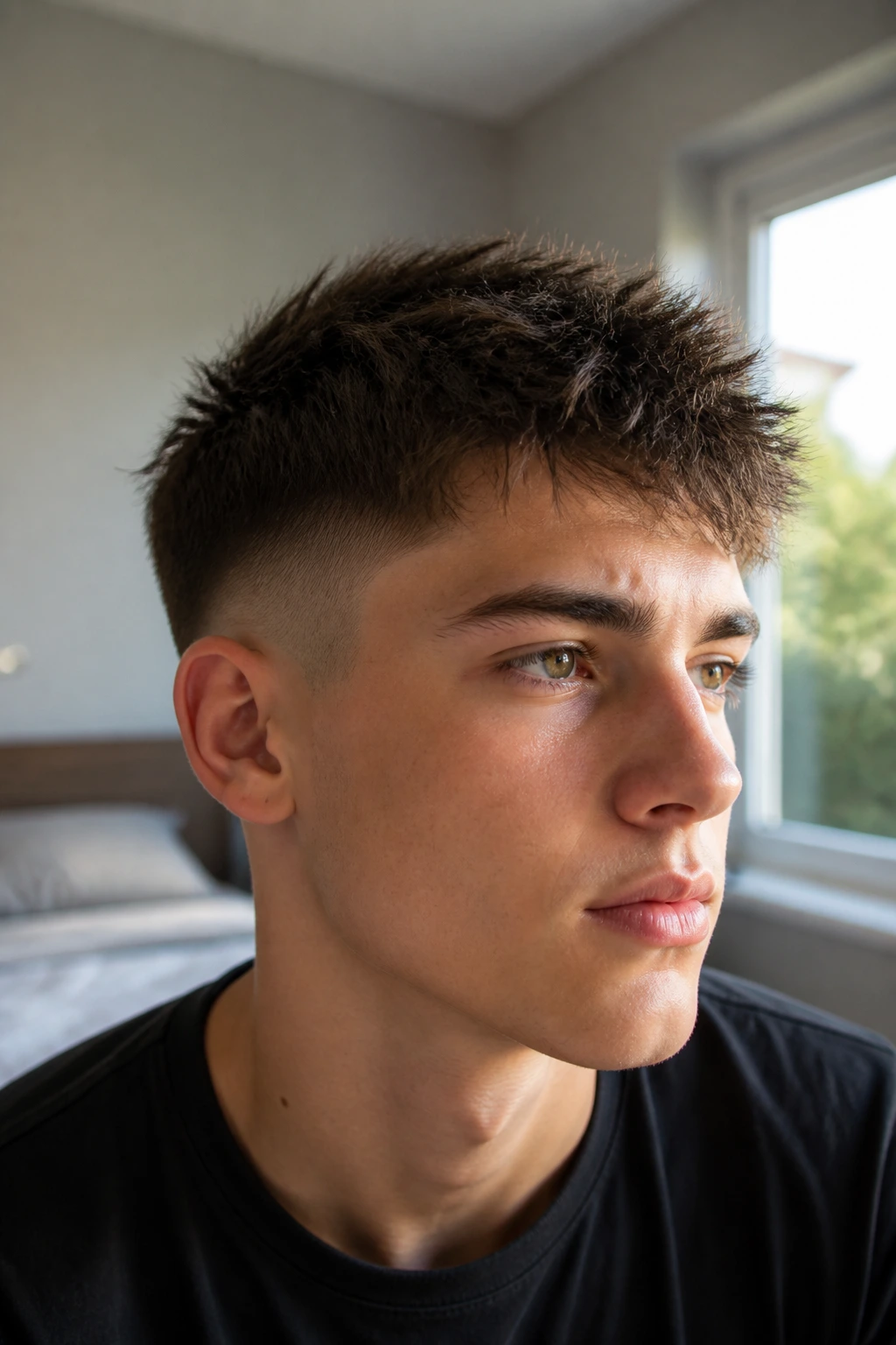 Close-up portrait of a real teenage boy with a classic textured crew cut in natural window light