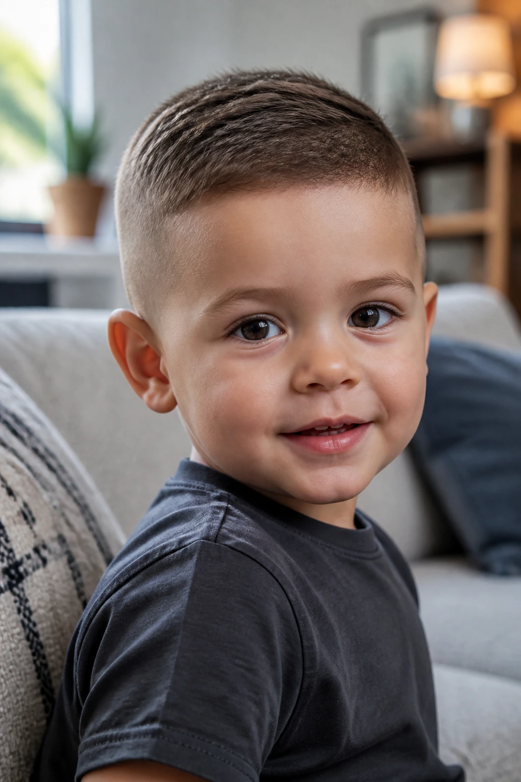 Close-up toddler portrait with a classic crew cut, short sides and a small top.