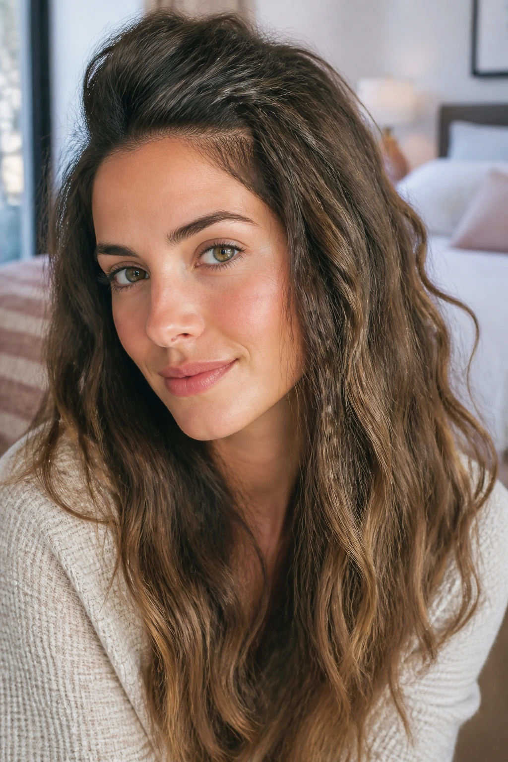 Close-up of a real woman with textured top-layer crimp in a cozy morning bedroom