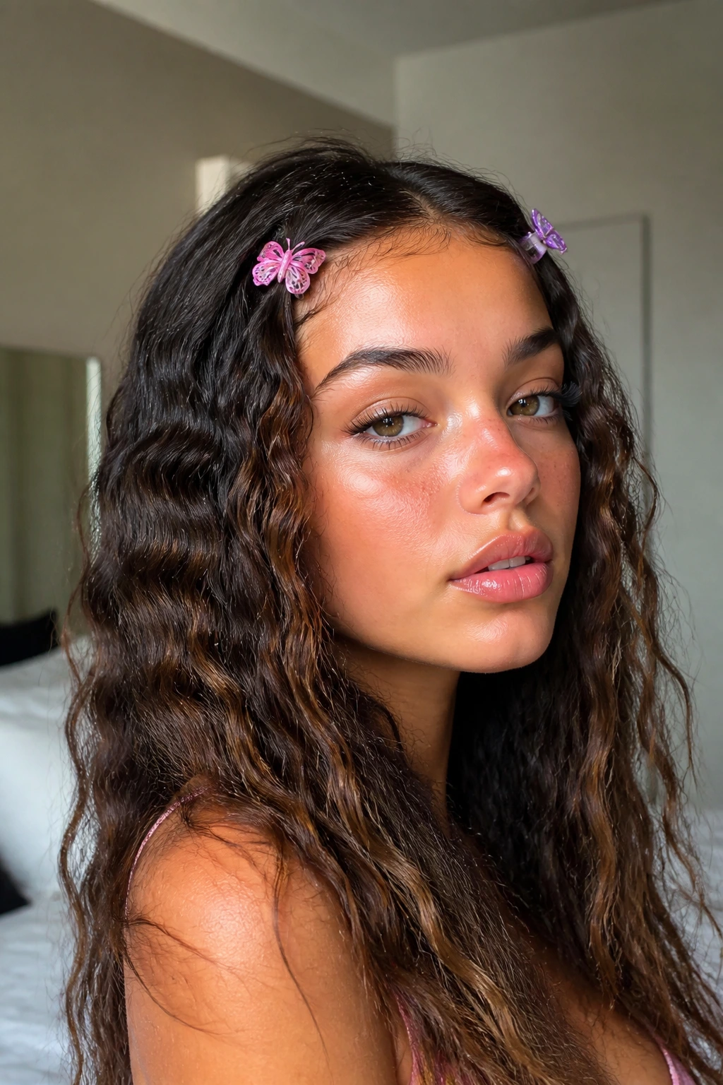 Real woman with crimped hair and butterfly clips in a softly lit room