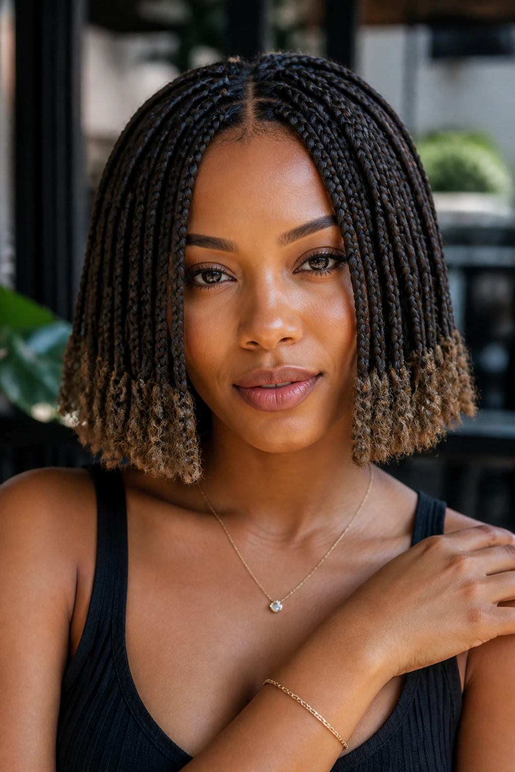 Real woman with crimped-end braided bob in a cafe setting.