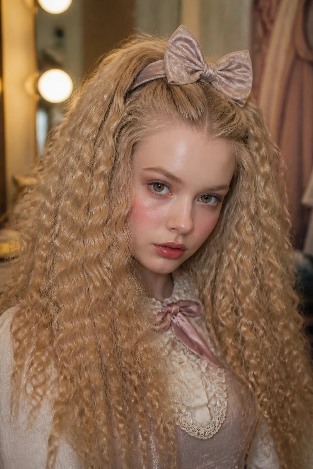 Close-up portrait of a real woman with crimped hair and bow clip
