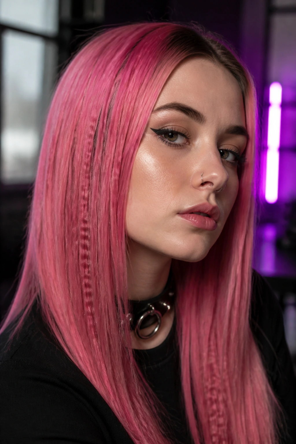 Close-up of a real woman with small-crimped sections on hair in a gothic setting