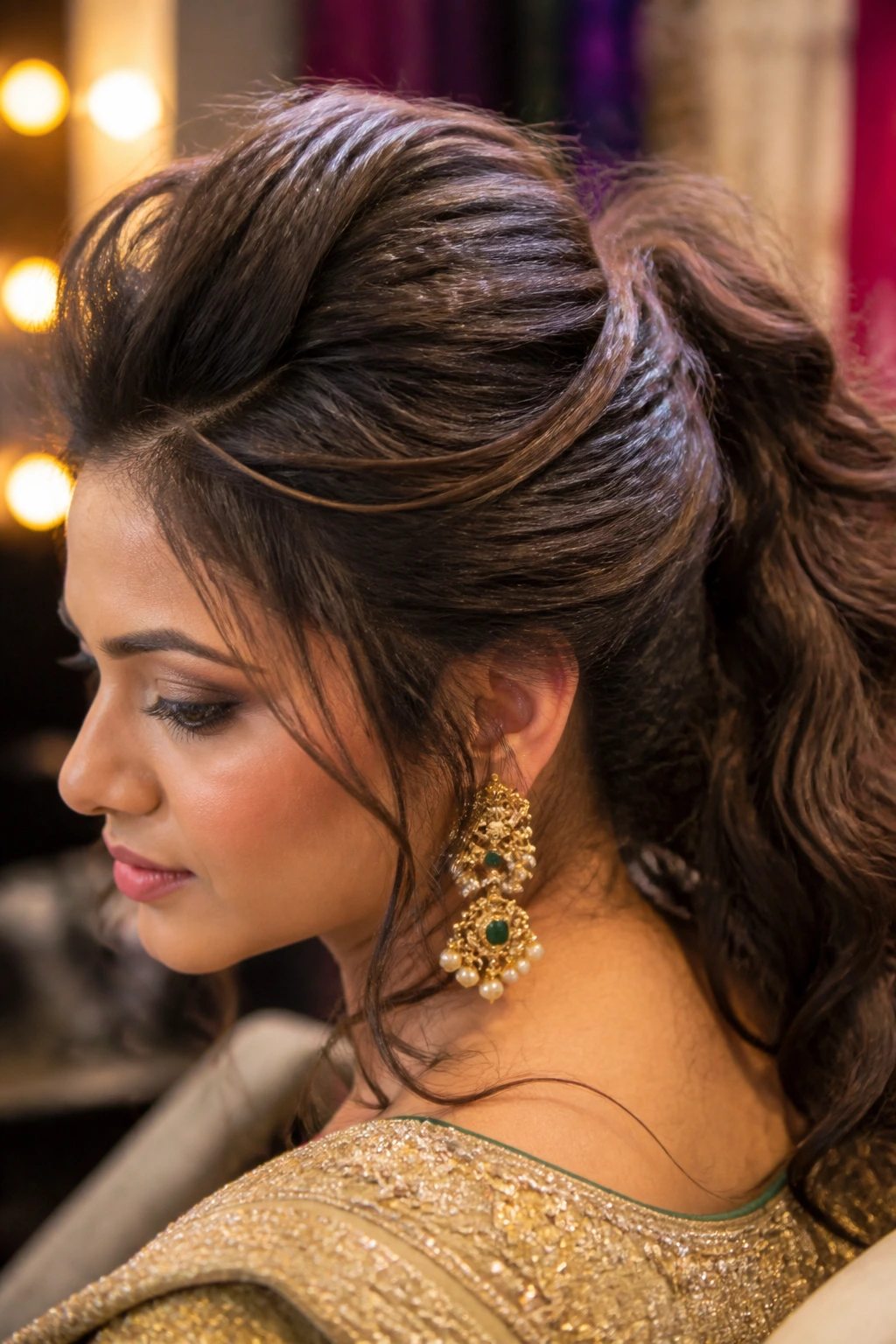 Close-up of a real woman with crimped roots and teased high-volume hairstyle