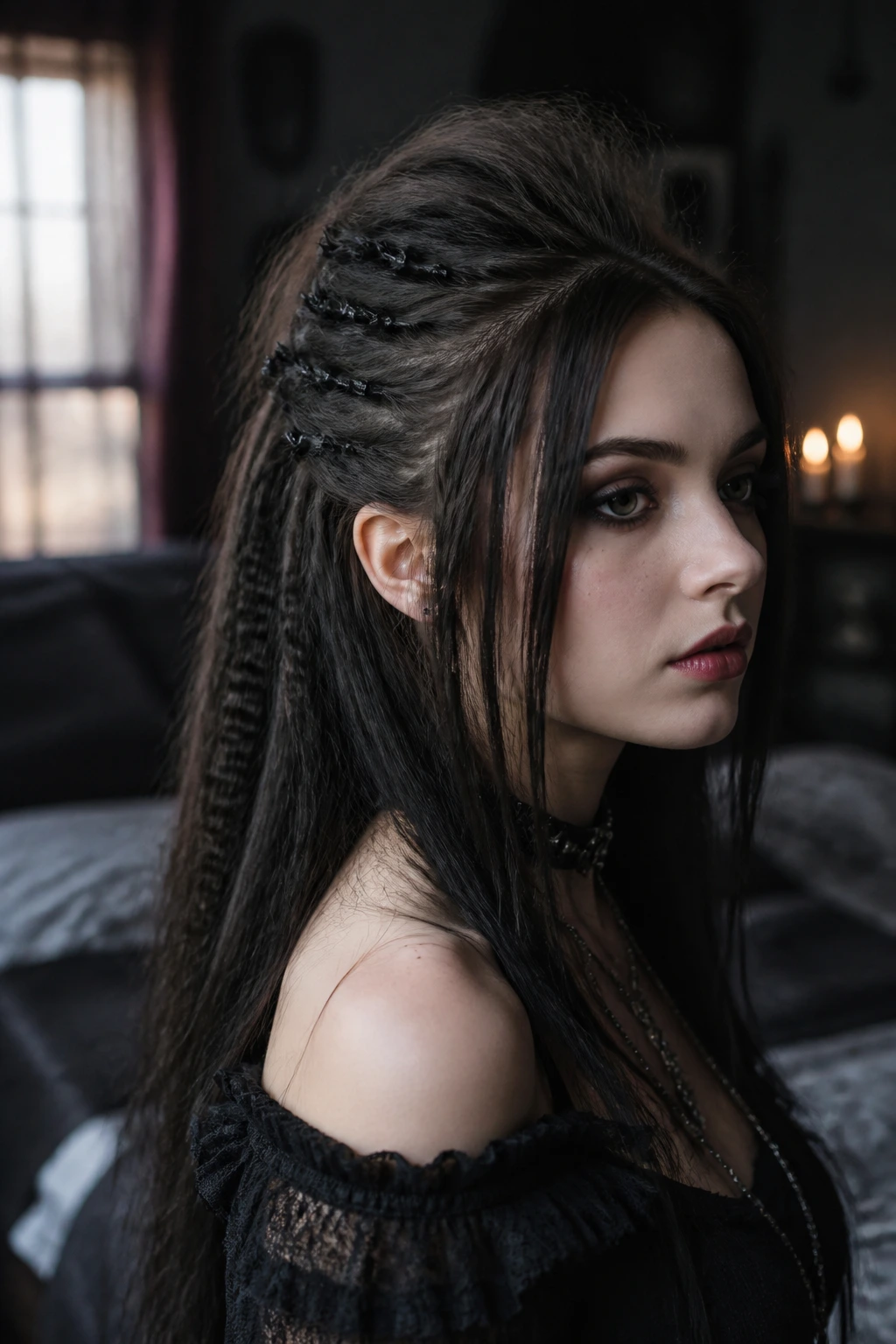 Close-up portrait of a real woman with crimped patches and a half-up hairstyle secured by dark pins in a moody goth setting