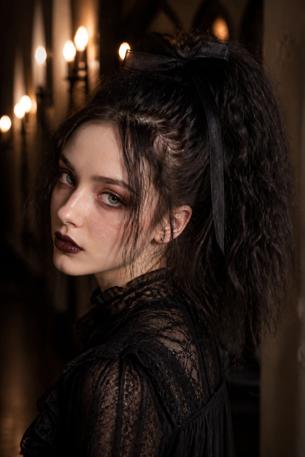 Close-up of a real woman with a crimped high pony in organza ribbon in a moody hallway