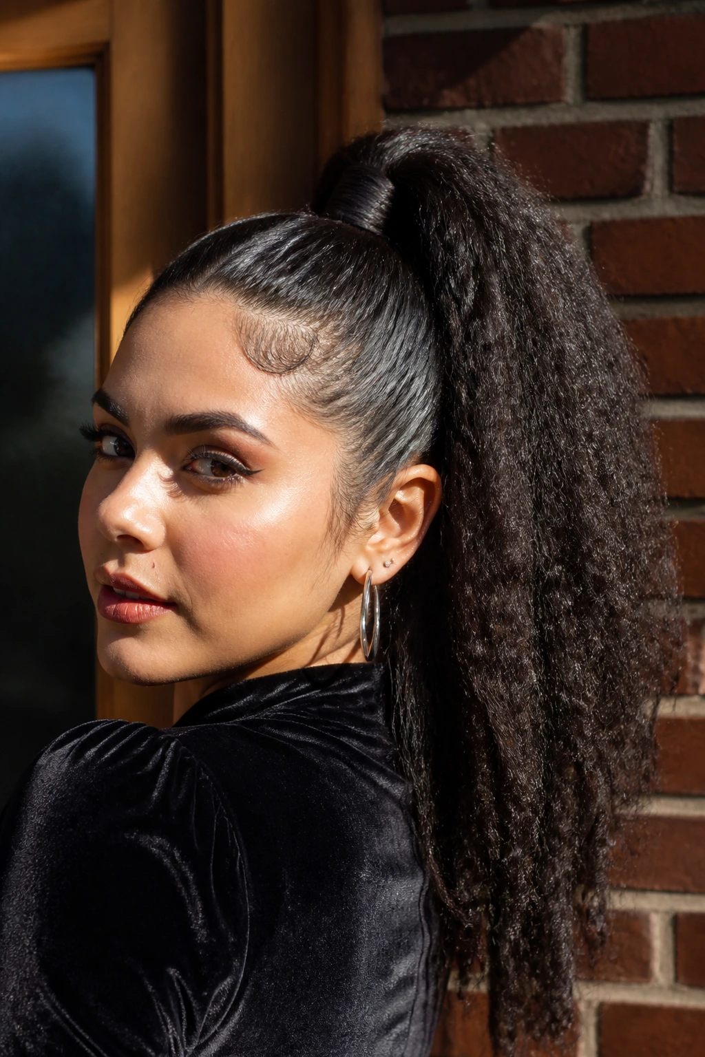 Close-up of a real Latina woman with a crimped high ponytail in bright light