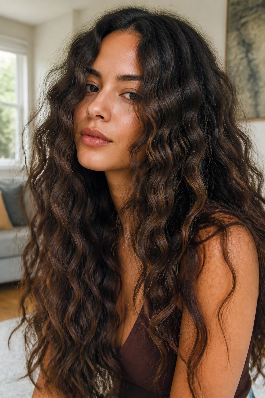 Close-up of a real woman with crimped textured hair.