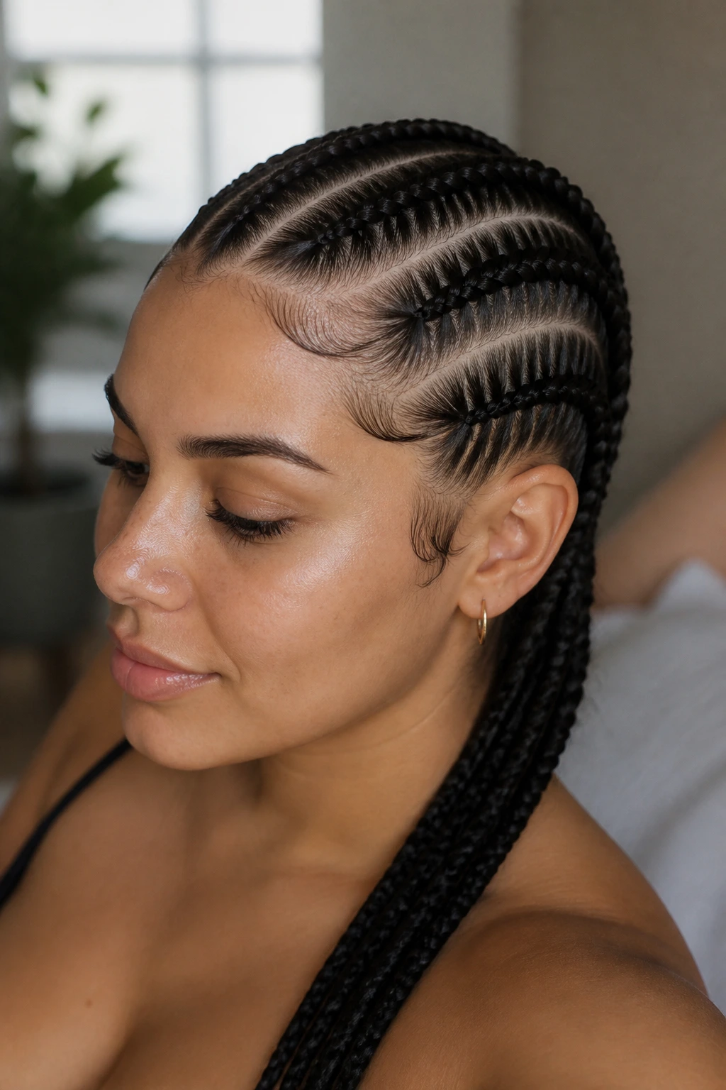 Close-up of sharply defined cornrows with clean, crisp parts