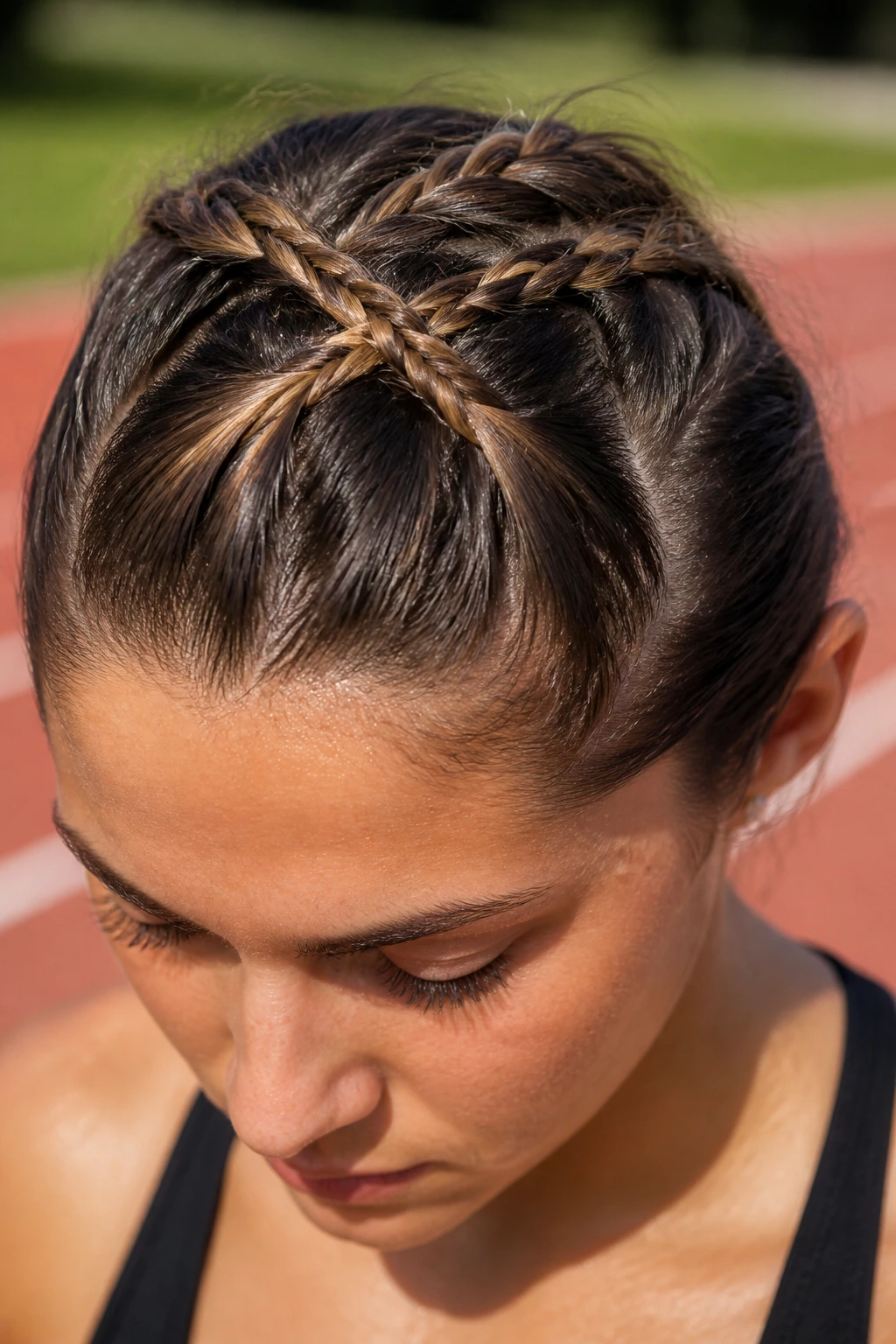 Close-up of two small braids forming an X crown headband on a real person.