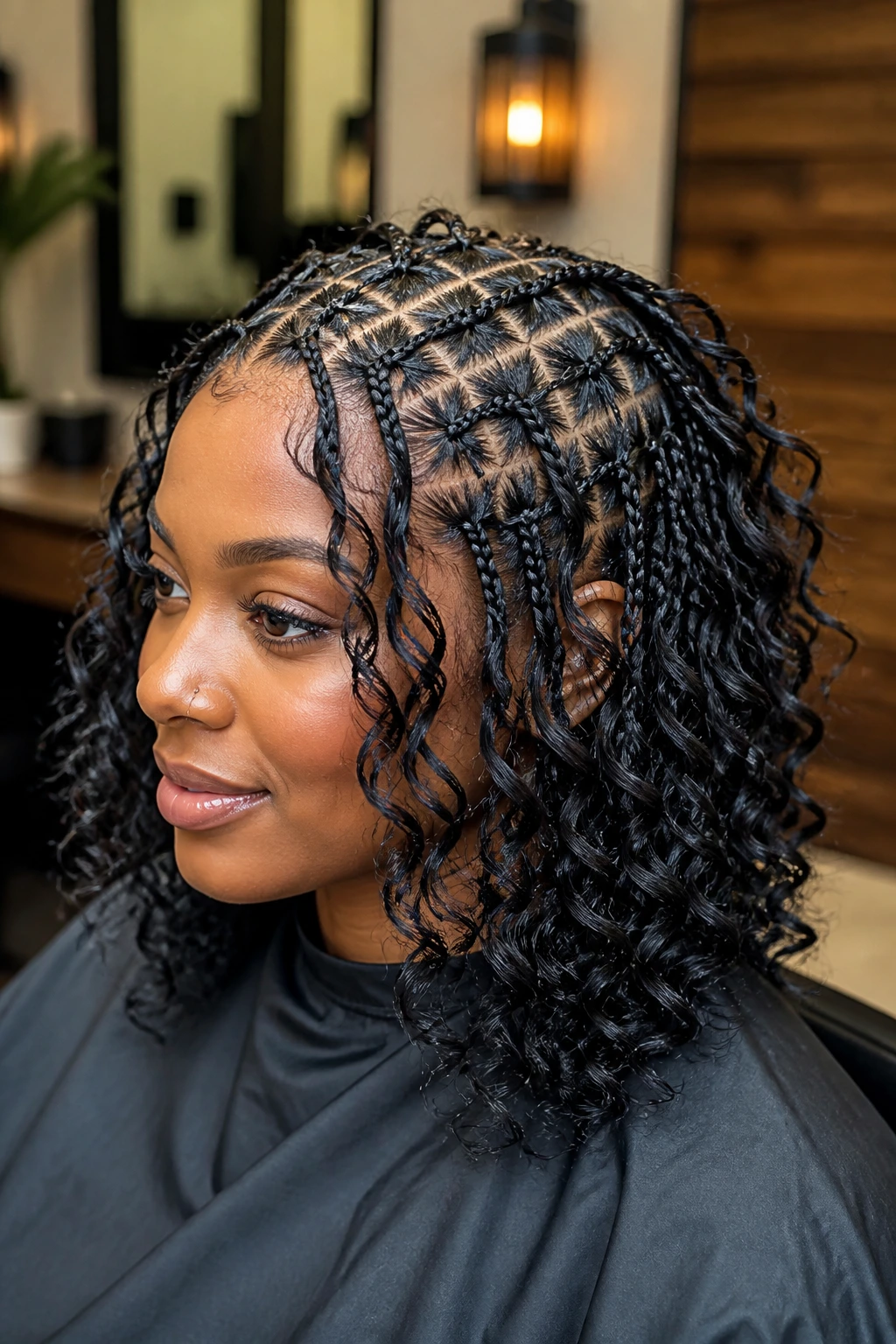 Close-up of woman with criss-cross scalp braids and curly ends
