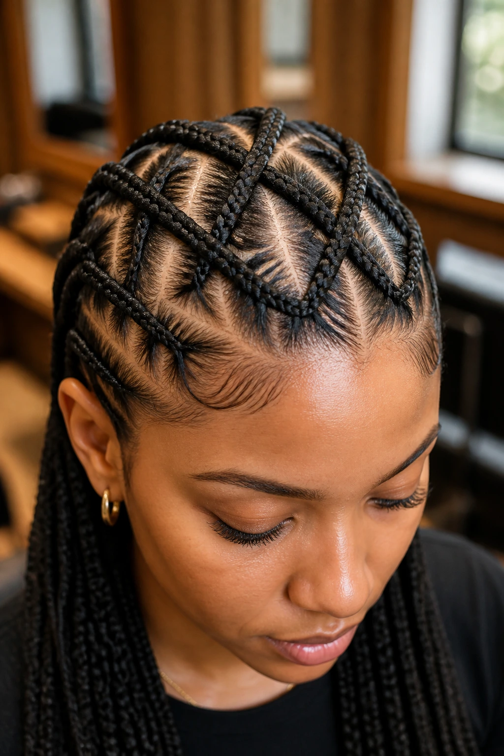 Close-up of a real woman with an X-shaped criss-cross cornrow pattern across the crown