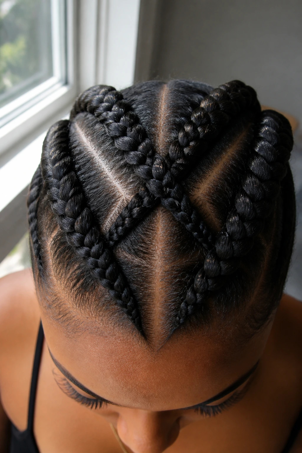 Close-up of cross-over cornrows forming a geometric design on a real person