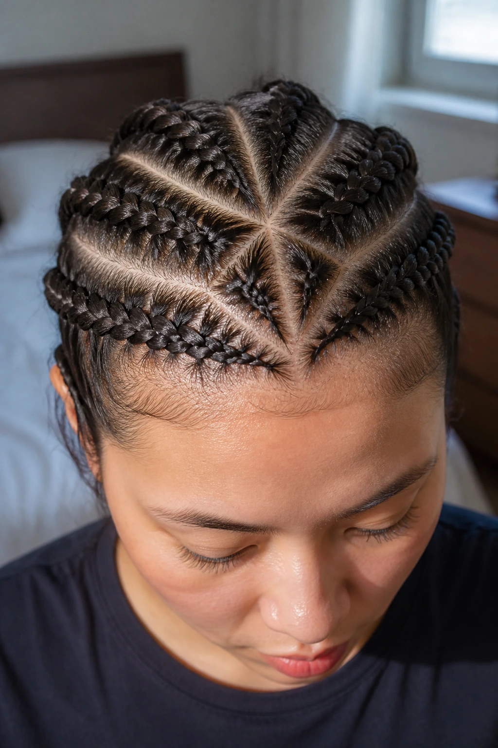 Close-up of criss-cross cornrows forming a lattice pattern on a real woman's scalp