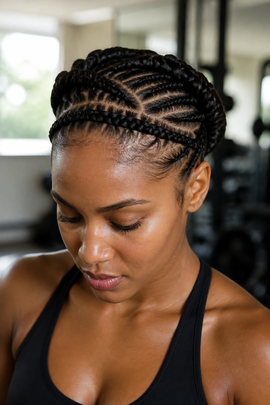 Close-up portrait of a real woman with criss-cross crown cornrows