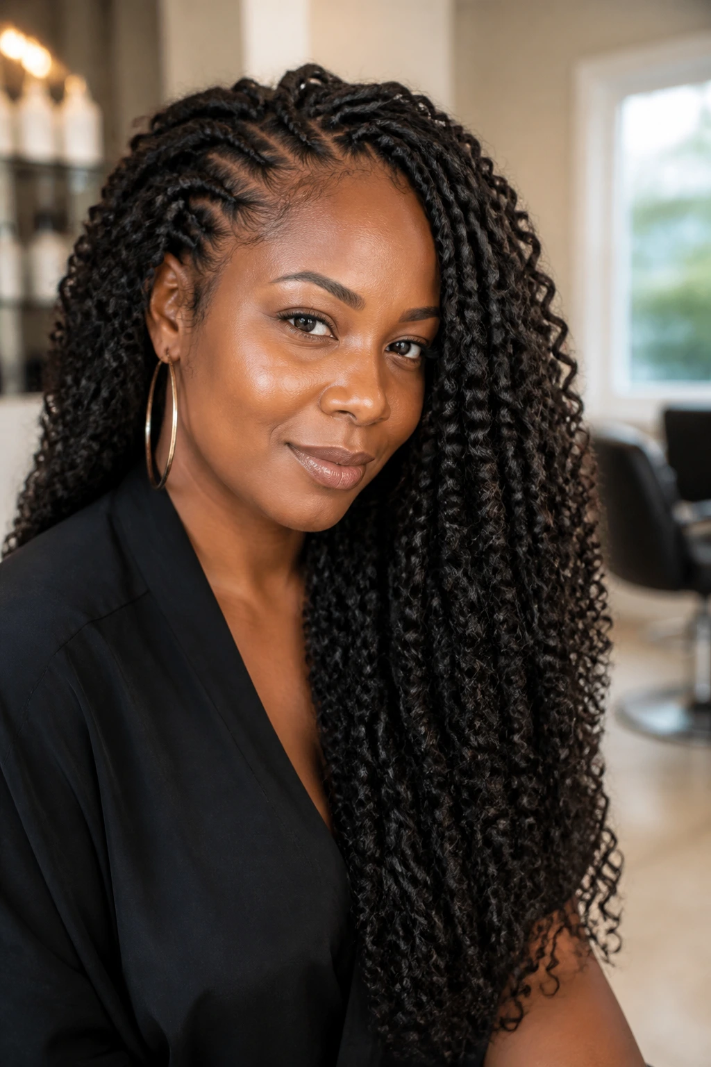 Close-up of a real woman with crochet braids under soft salon lighting