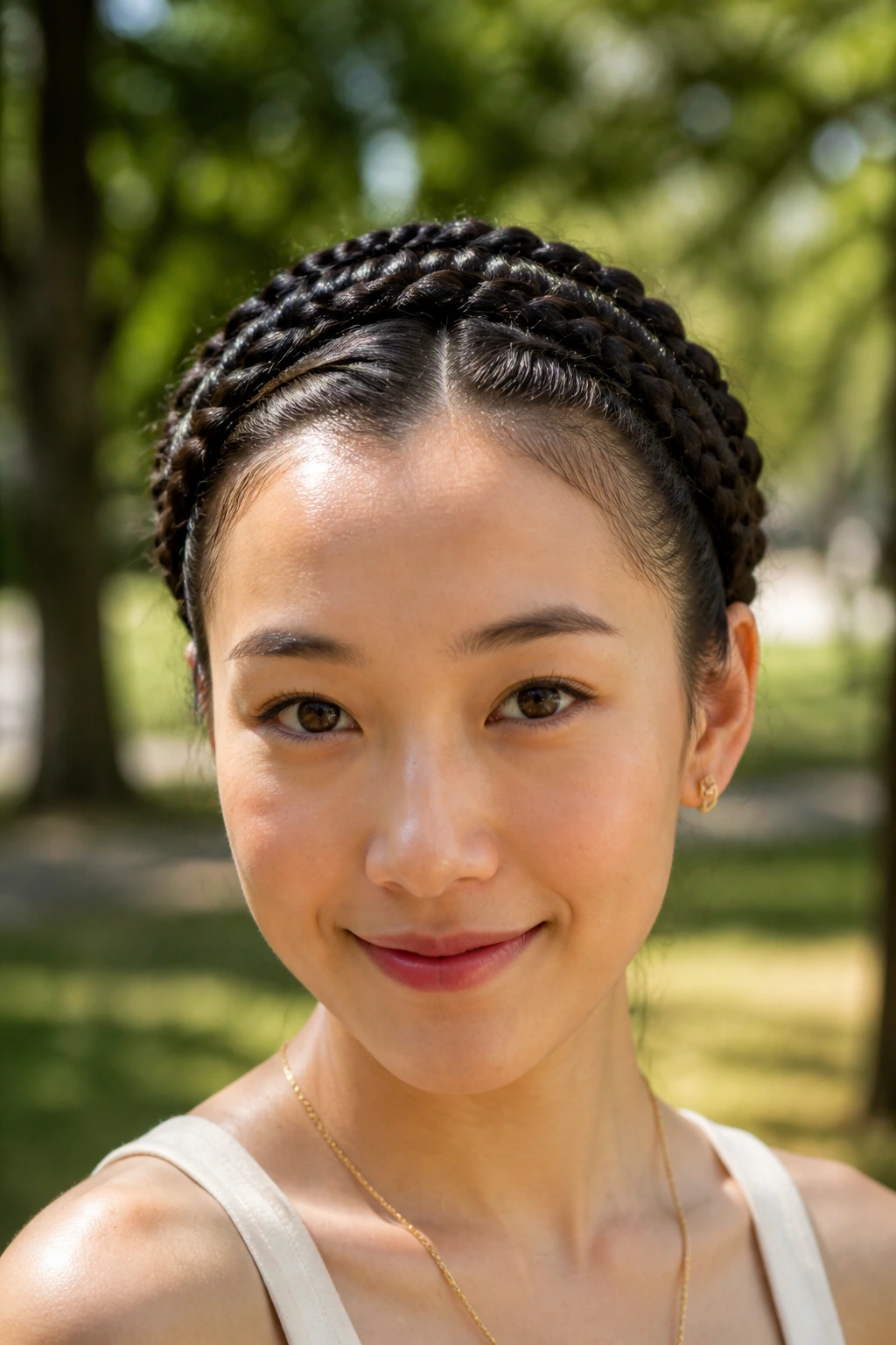 Close-up of a real person wearing a crown braid halo around the head