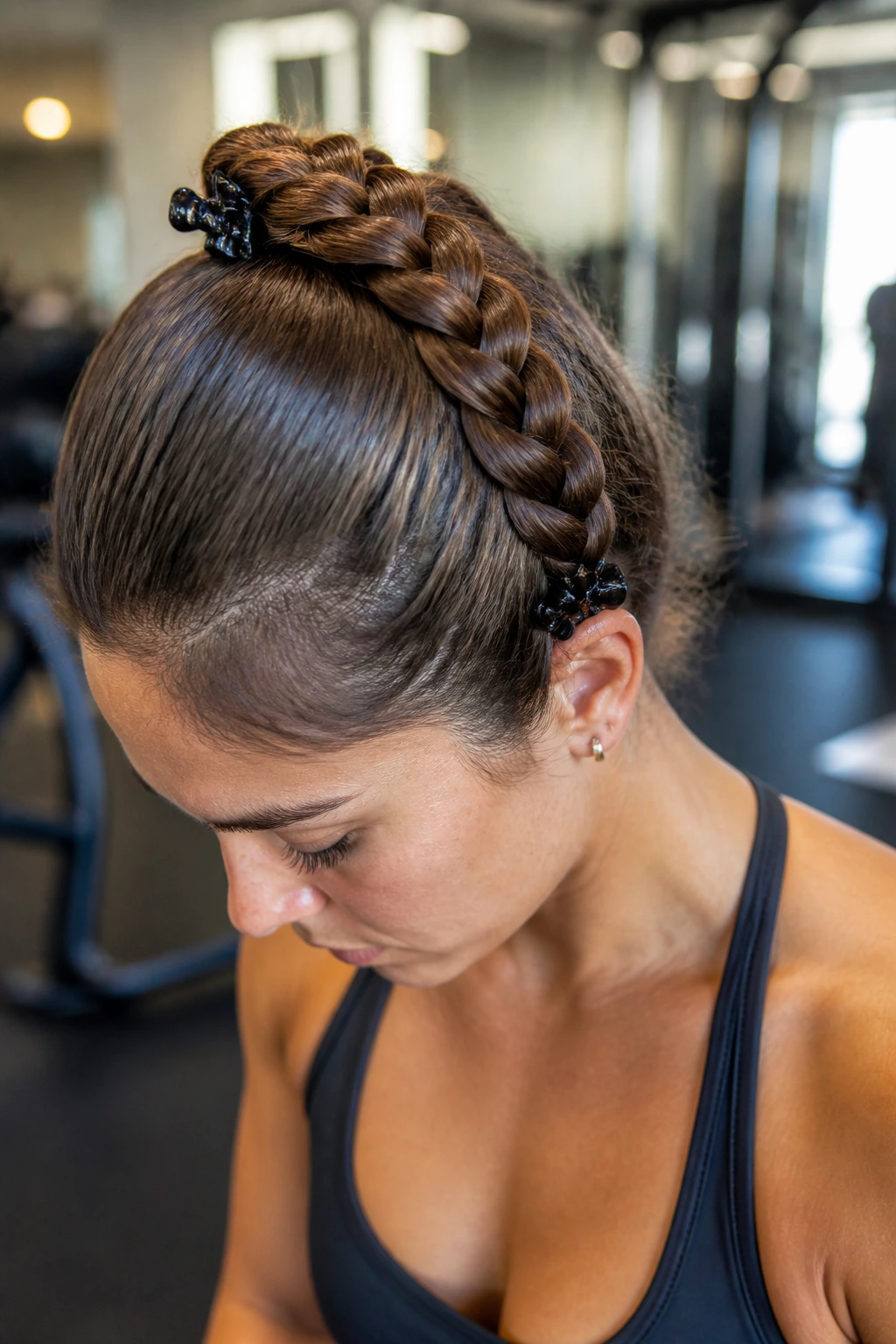 Close-up of a real person with a crown braid secured by two claw clips during a workout