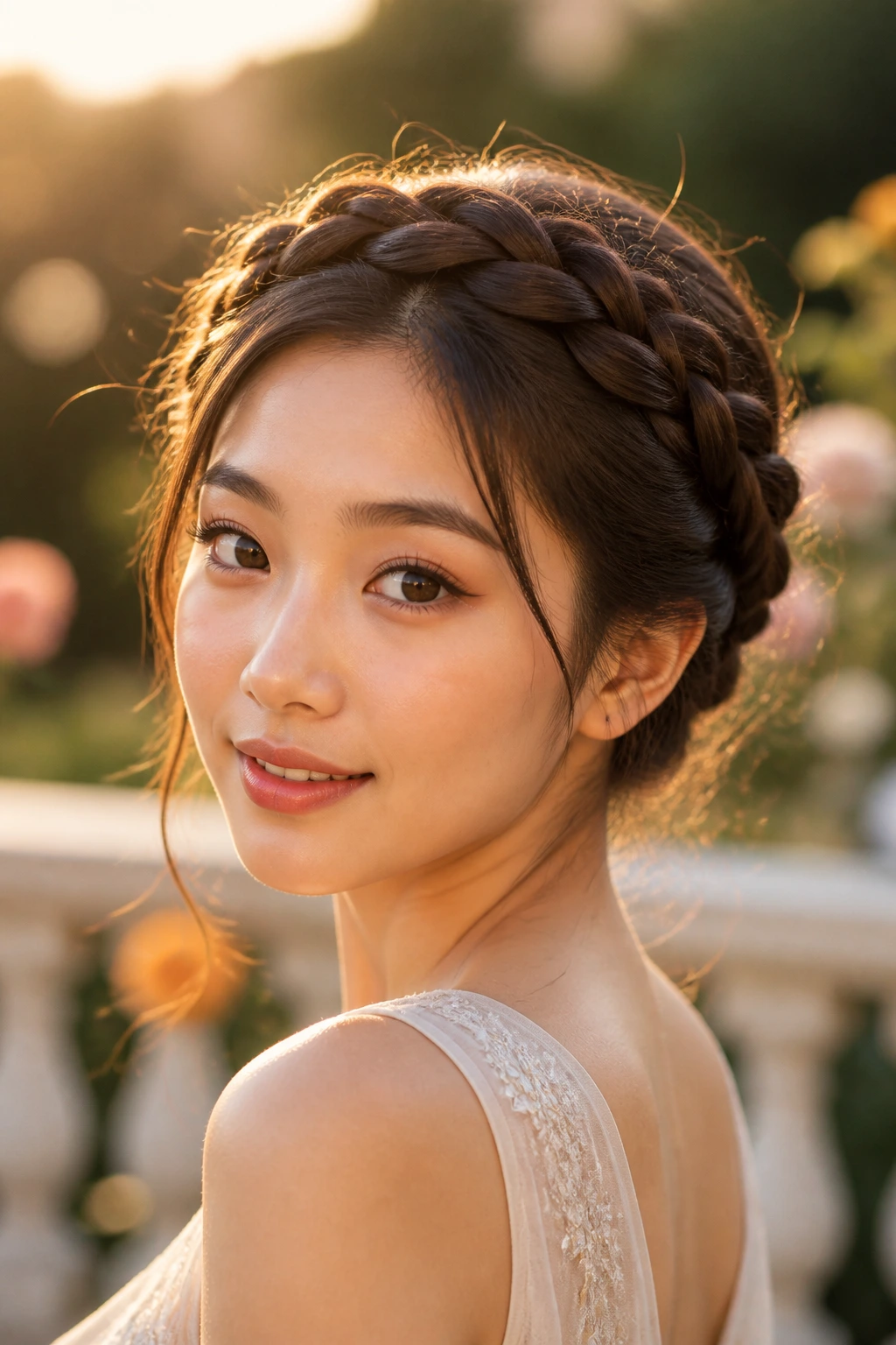 Close-up of a real woman with a crown braid in golden hour garden light