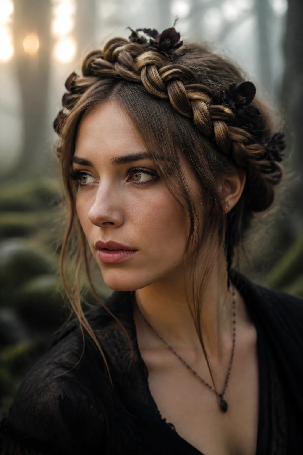 Close-up of a real woman wearing a crown braid with forest mist backdrop