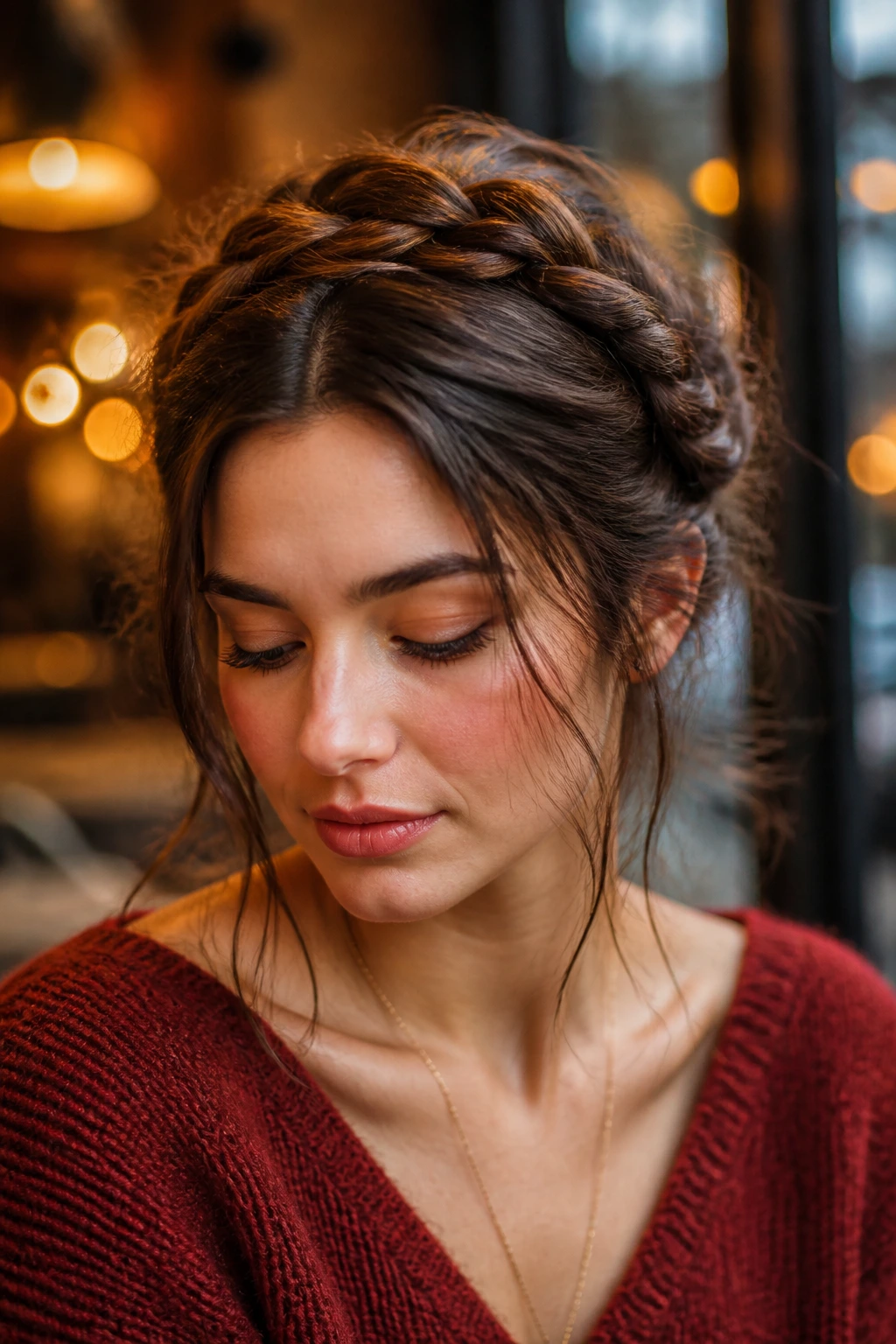 Close-up of a woman wearing a messy crown braid around her head