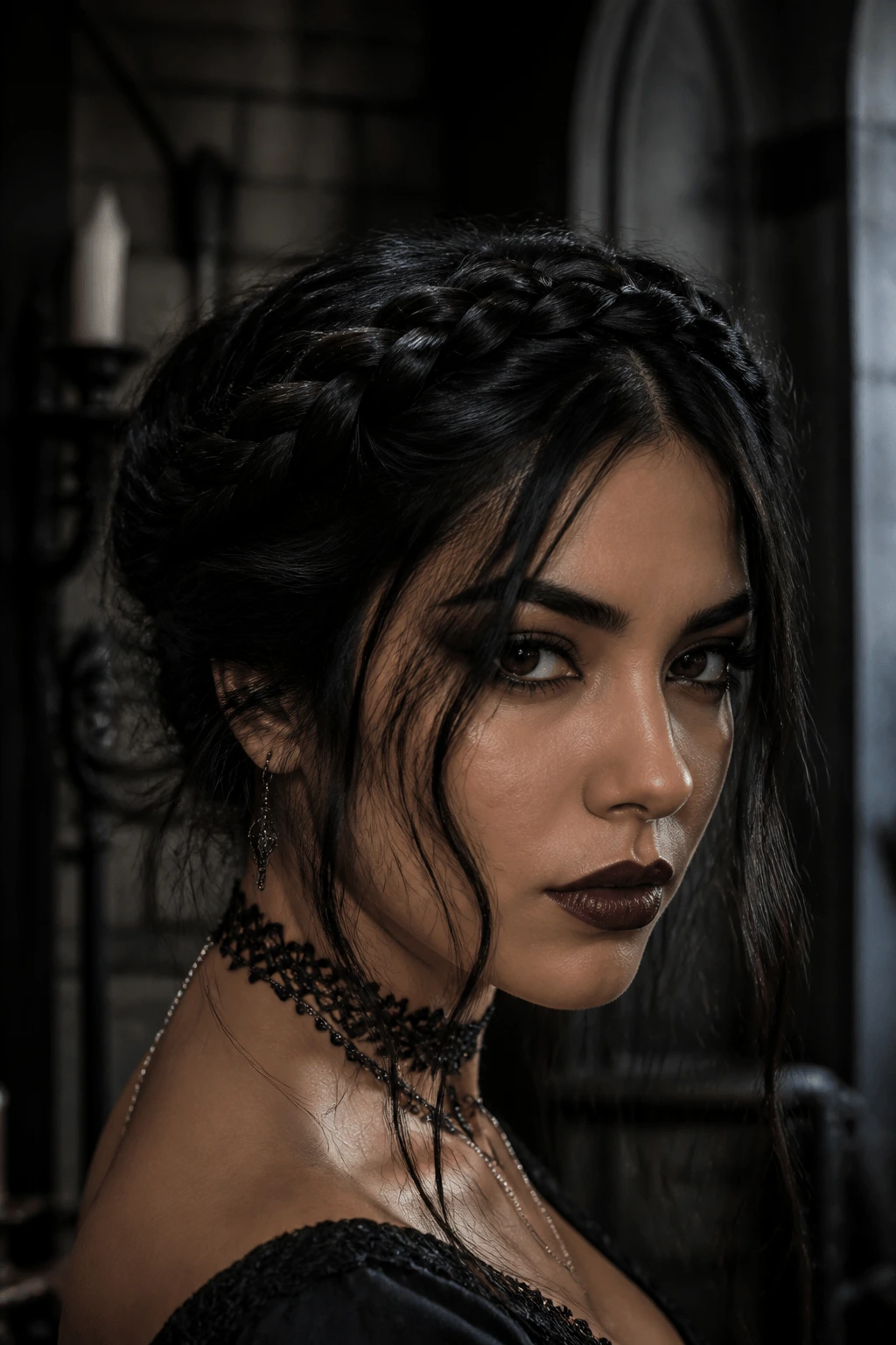 Latina woman wearing gothic crown braid with loose strands