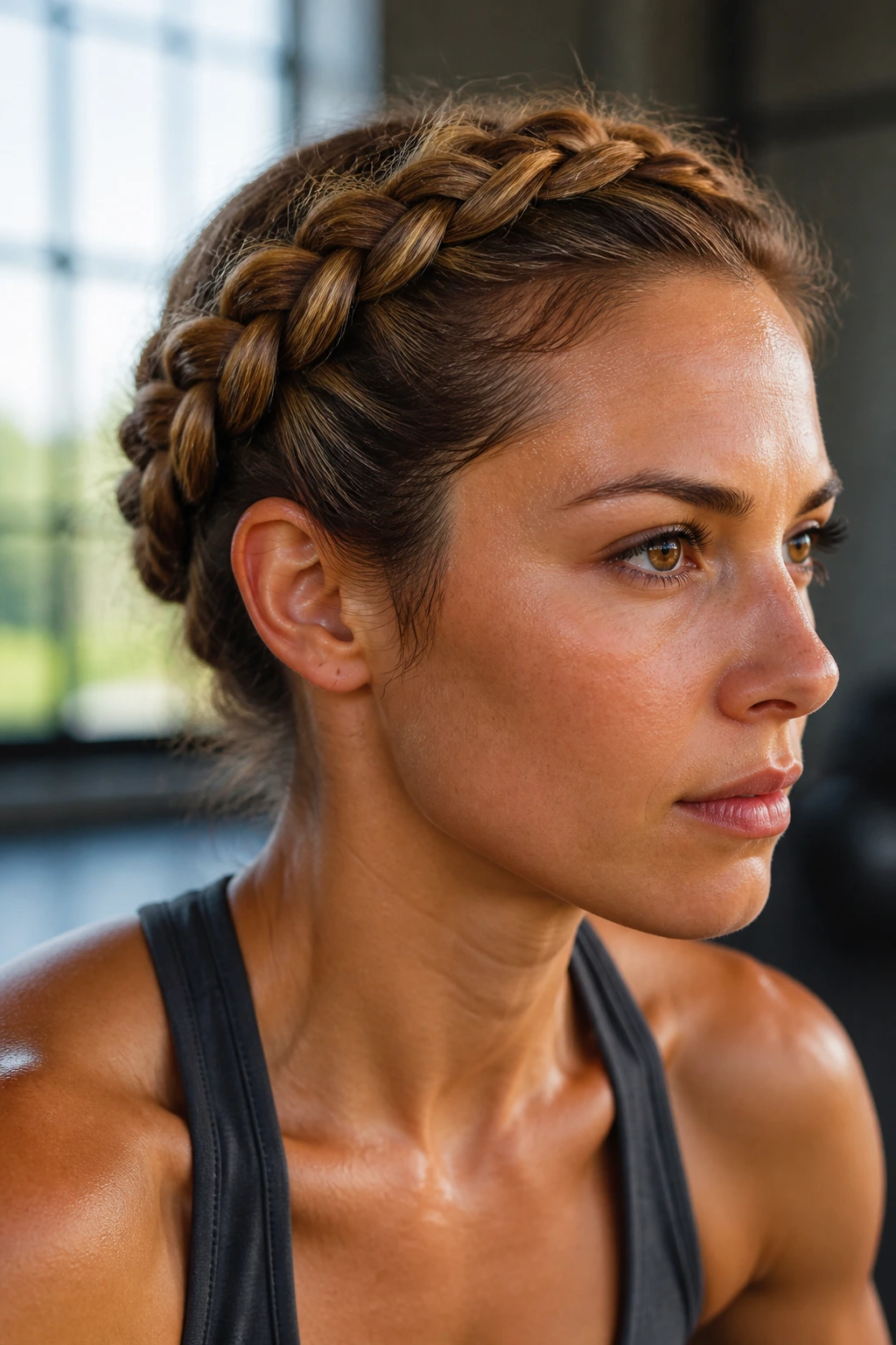 Close-up of woman wearing a crown braid around the head in a gym setting