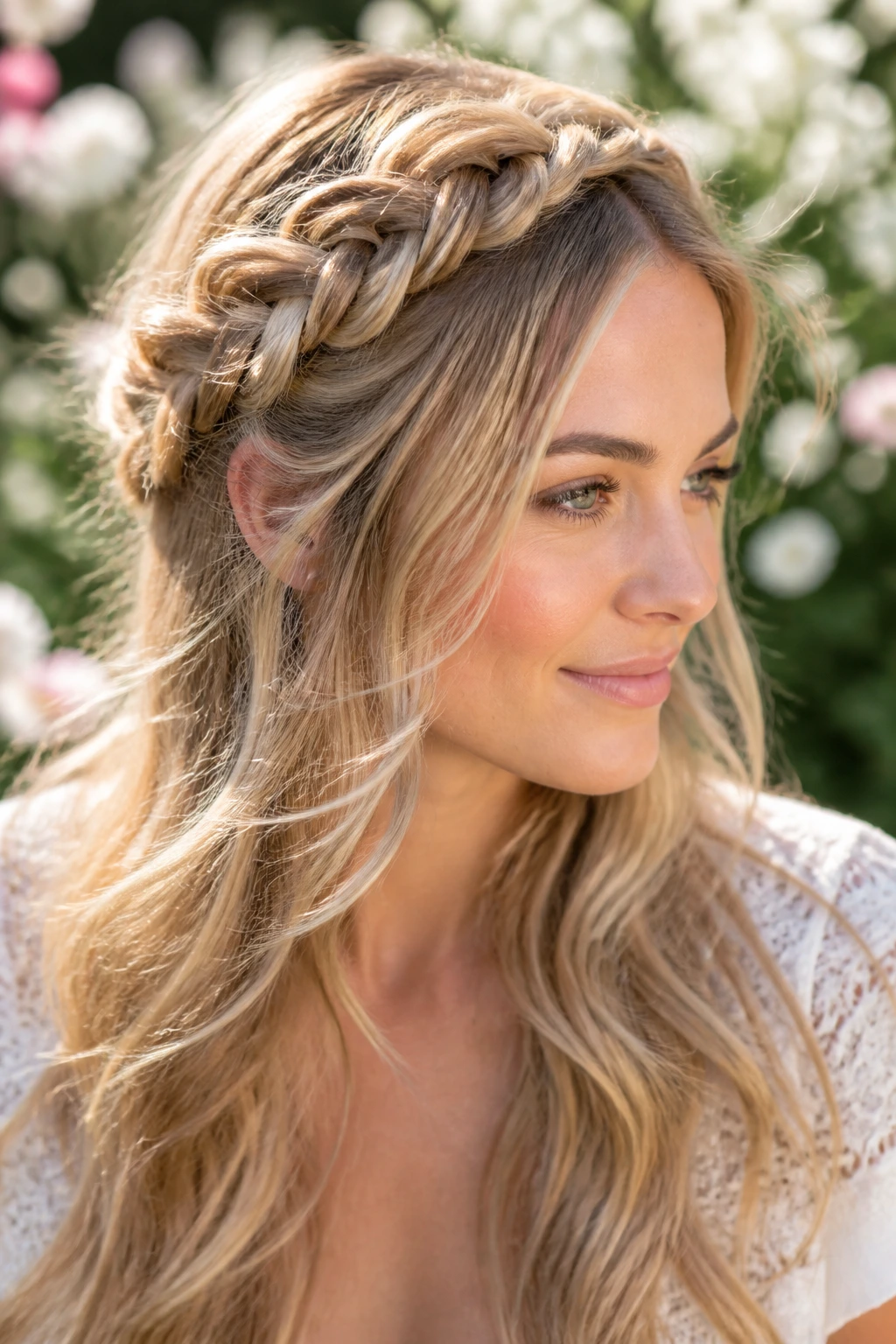 Close-up of a real woman wearing a crown braid half-up in a garden