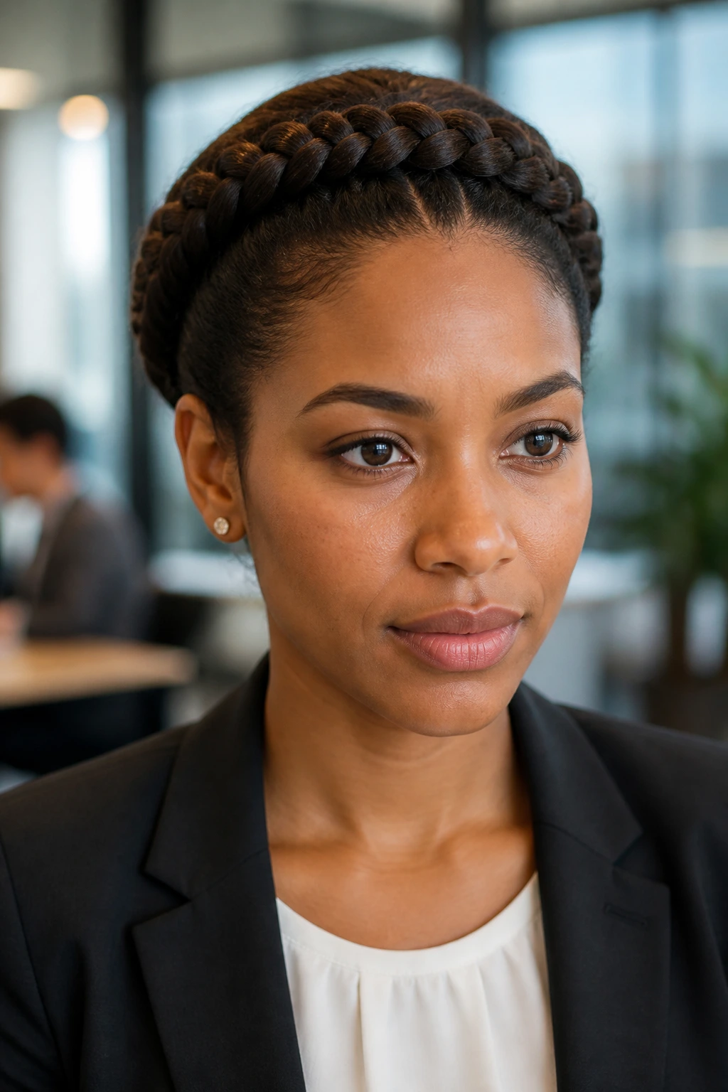 Close-up of a real woman with a crown braid around the head in an office setting