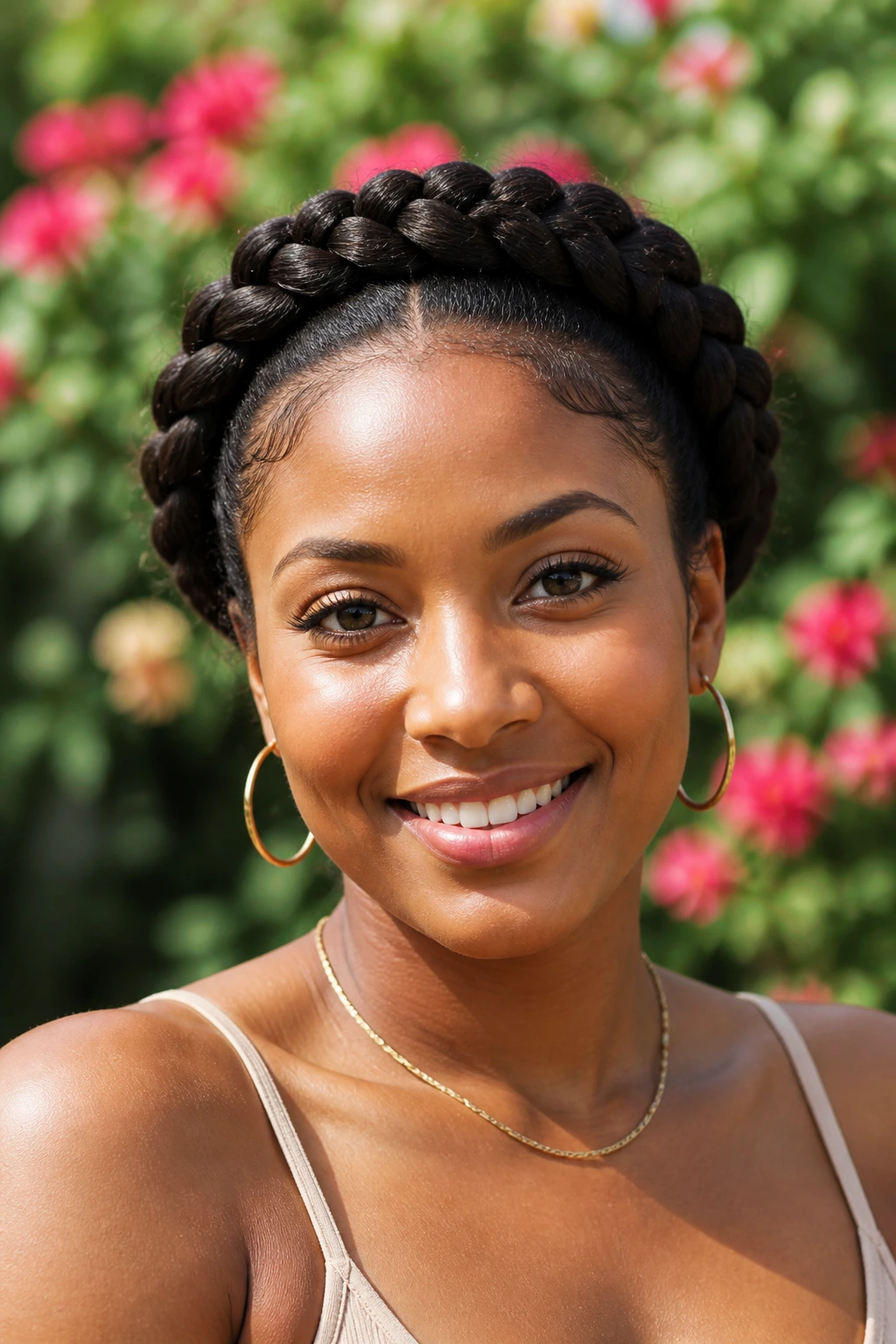 Close-up portrait of a real woman wearing a crown halo braid in warm daylight
