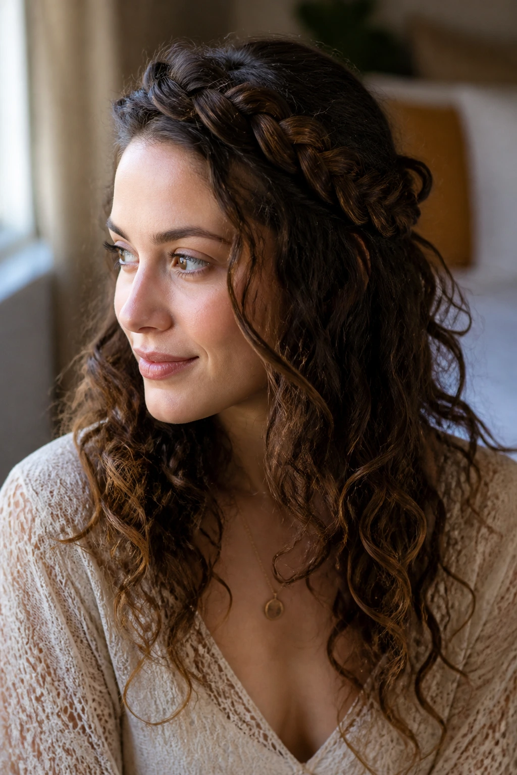 Front three-quarter view of a real woman with a crown braid and loose ends.