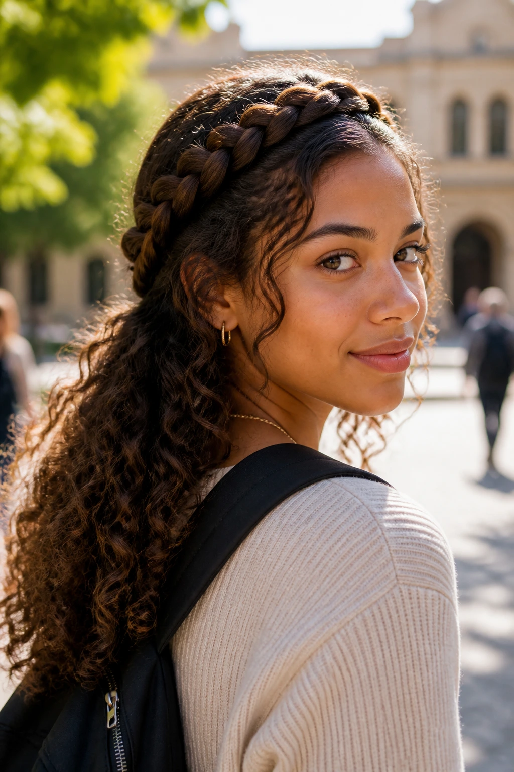 Close-up of a real student wearing a crown braid in a sunlit outdoor campus setting.