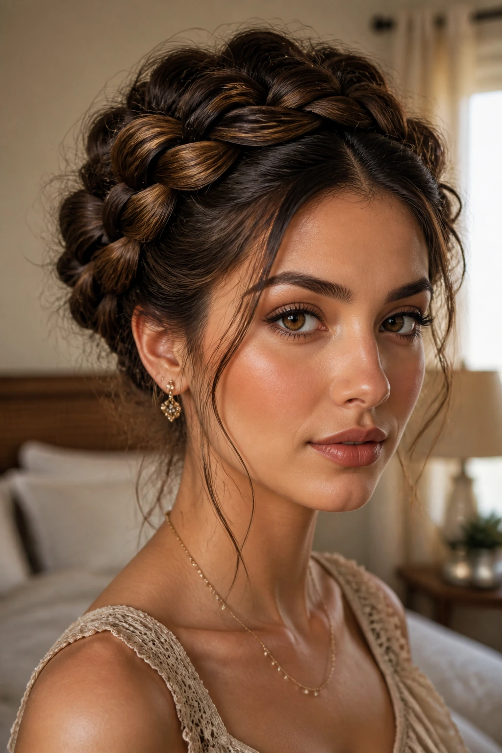 Close-up portrait of a woman wearing a crown braid encircling her head in warm natural light.